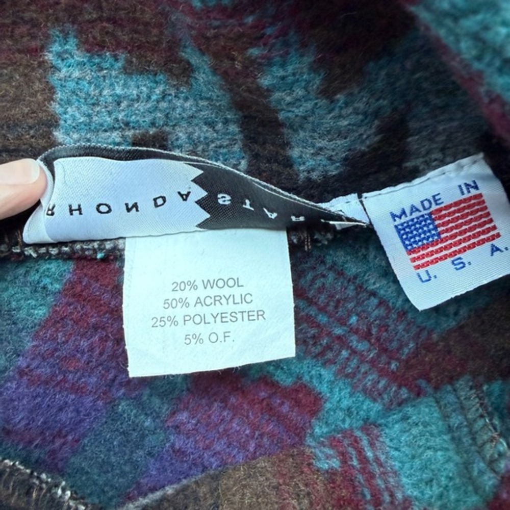 Rhonda Stark Southwestern Wool Blend Hooded Poncho Cowl Neck Made in USA Wrap OS - Picture 6 of 6